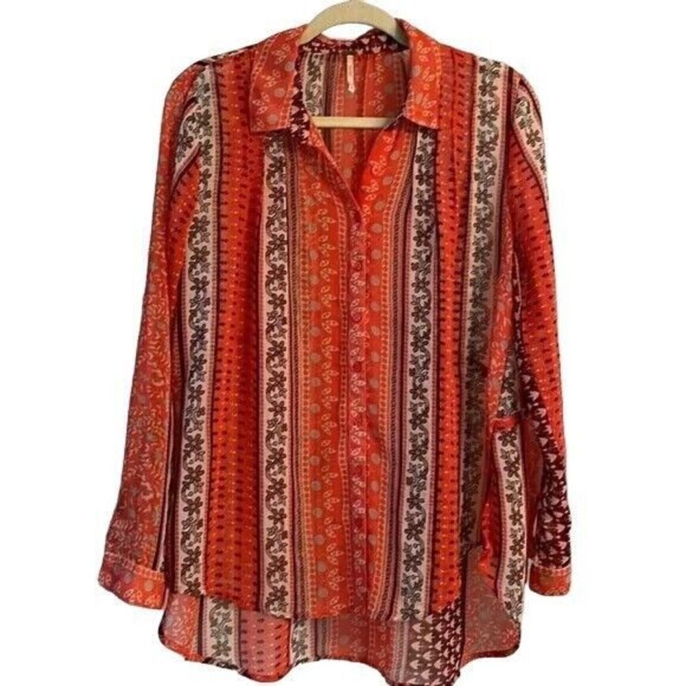 Free People Moonlight Mile Woven Top Hot Coral Floral Size Small‎